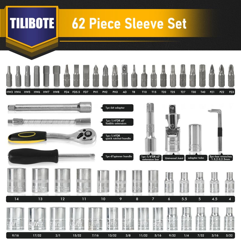 TILIBOTE مجموعة مفاتيح الربط 62 قطعة 1/4 بوصة مجموعة مفاتيح ربط مع 72 سن سقاطة SAE ومتري من 5/32 بوصة - 9/16 بوصة 4 مم - 14 مم مجموعة أدوات لإصلاح الدراجة النارية في المنزل والسيارة - Image 2
